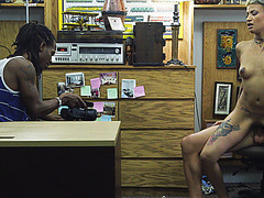 Black dudes agrees to get her blonde GF fucked by the pervert shop owner
