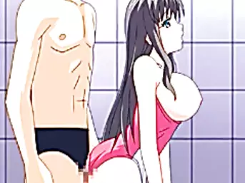 Swimsuit anime bigboobs poking from behind
