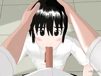 Hentai schoolgirl blowing hard dick on her knees