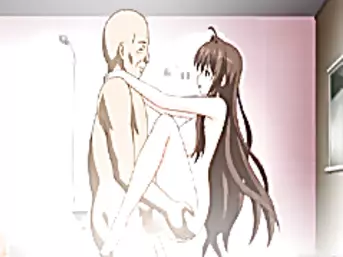 Bald guy anime standing fucked a busty coed in the bathroom