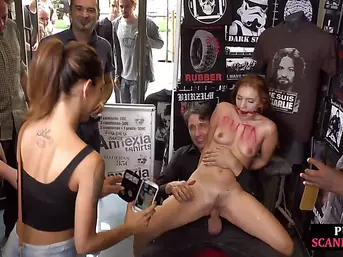Redhead eurobabe gets spanked in public and fucked after