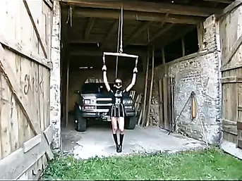 Tied up girl gets dirty outdoors