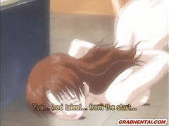 Chained anime brunette gets dildoed pussy and hot sucking stiff dick