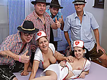 Nurses in lederhosen gangbang orgy