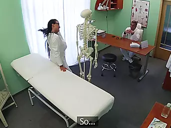 Damn hot brunette trainee gets trained by doctors big cock pounding her pussy