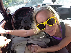 Blonde Bimbo tries to sell something at the shop instead gets caught sucking dick