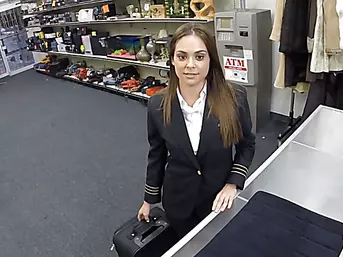 Beautiful stewardess kneels down to gives a blowjob for cash