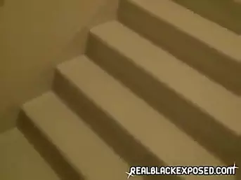 Black gf in glasses sloppy blowjob on the stairs